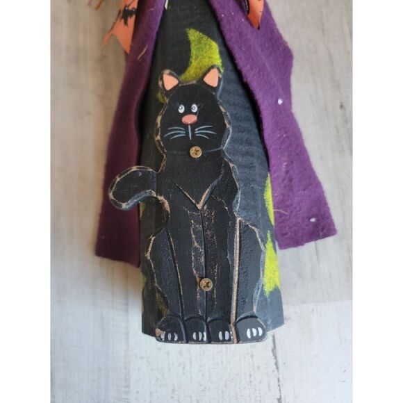 Wooden happy witch Black Cat Halloween Moon post vintage - Picture 4 of 11